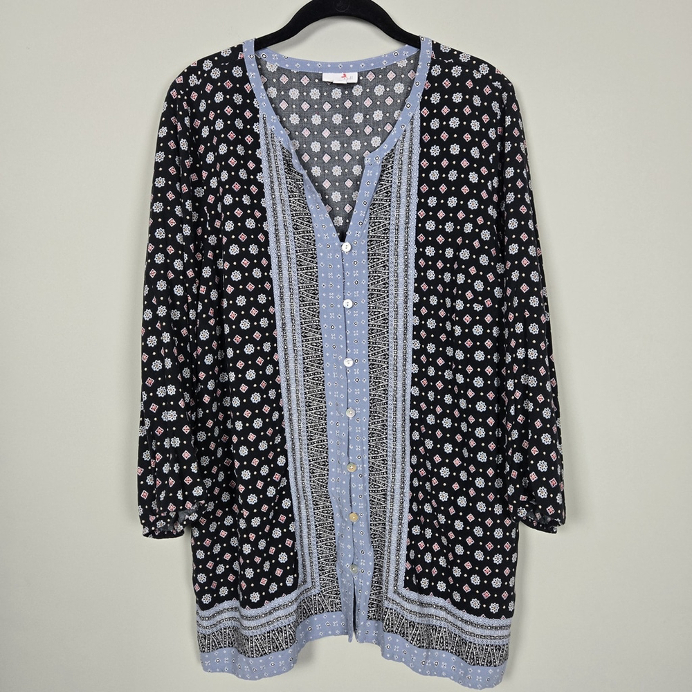 J Jill Womens Floral Button Front Tunic Top L Tall Blue 3/4 Sleeve Artsy Peasant